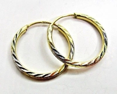 L@@K Gorgeous 14K Multi-tone Gold Hoop Earrings Frosted Diamond-cut 3/4" dia - Image 1 of 4