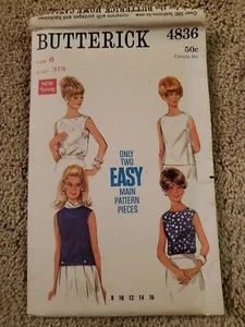 Vtg 60's Butterick 4836 BLOUSE w/ OVAL or SQUARE NECK Sewing Pattern Women Sz 8 - Picture 1 of 2