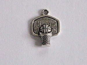 10 SILVER TBN "BASKETBALL AND HOOP" FLAT CHARMS FOR NECKLACE EARRING BRACELET - Picture 1 of 2