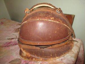 ANTIQUE SPORTING GOODS WOODEN BOWLING BALL WITH LEATHER CASE CARRIER
