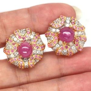 Gmestone 8 mm. Red Ruby, Sapphire & Zircon Earrings 925 Silver Sterling - Picture 1 of 4