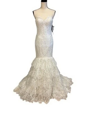 with tags Justin Alexander Sand Ivory Venice Lace Mermaid Wedding Dress Size - Image 1 of 2