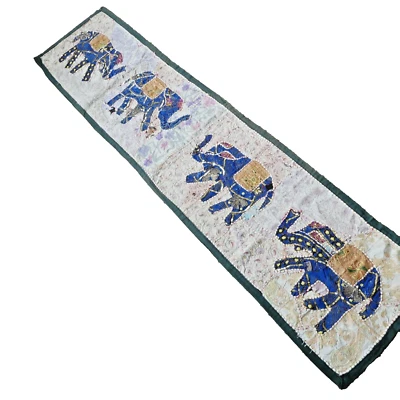 Handcrafted Embroidered Sequins Elephant Wall Hanging Banner Runner 73x17 VTG - Image 1 of 4