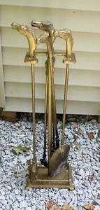 Vintage Art  Deco Style Brass Equestrian Horse Head Fireplace Tools Set & Stand - Picture 1 of 13
