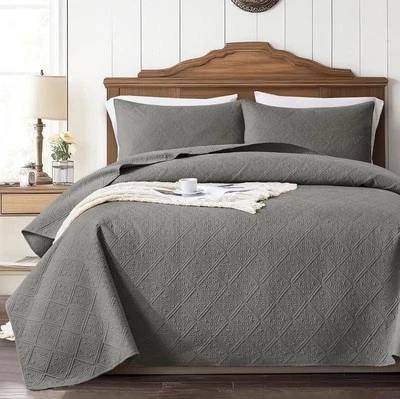 3 Piece Queen Bedspread Coverlet Quilt Set Pillow Shams Lightweight, Dark Grey - Image 1 of 4