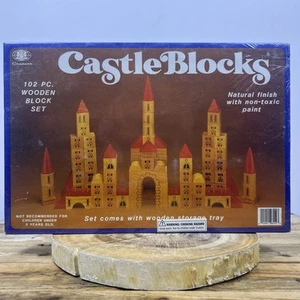 Vintage 80s "Castle Blocks" Wooden Block Set 102 Non-Toxic Pieces Factory Sealed - Picture 1 of 8