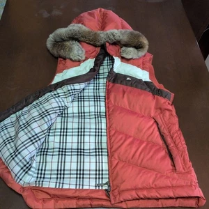 Burberry Black Label Down Jacket M Fur Hood Check Lining Used #EK BCA - Picture 1 of 12