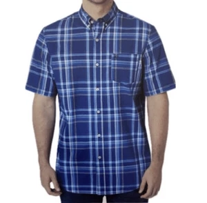 NWT CHAPS Men’s Shirt Large Short Sleeve Classic Fit Soft Touch Blue White Plaid - Picture 1 of 9