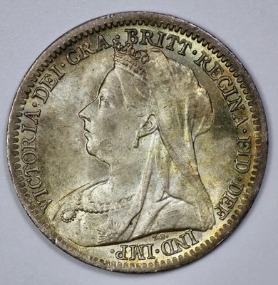 1899 Great Britain Victoria 3p Silver Threepence UNC Rainbow Toned - Image 1 of 3