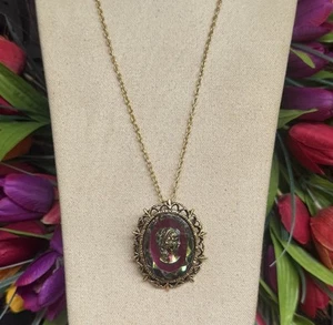 Estate Amethyst Glass Cameo Head of Curls Filigree Brass Pedant/Chain #9 - Picture 1 of 8