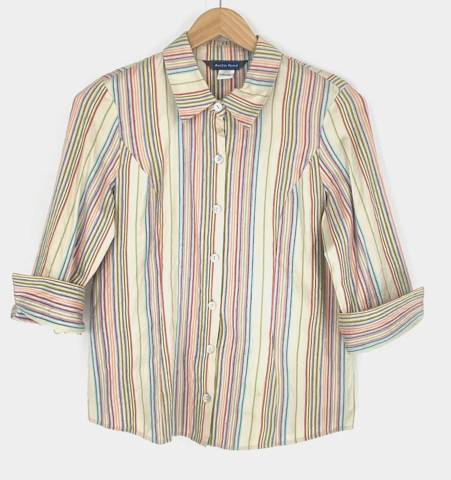 Camisa Austin Reed para mujer talla 14 seda a rayas abotonada manga larga multicolor Foto 1 de 4