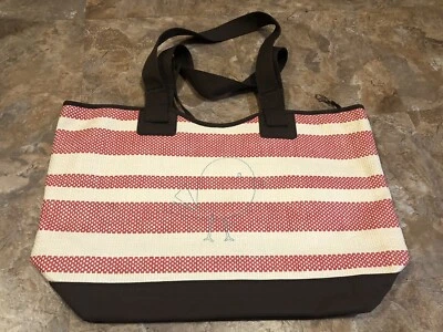 Thirty One Gifts 31 Bolso de Mano Grande Euro Bolso de Paja Rosa Coral Rayas con Pájaro Verde Azulado Nuevo sin Etiquetas Foto 1 de 4