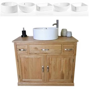 Bathroom Vanity Unit in Solid Oak Single Sink Cabinet Ceramic Basin Tap & Plug - Picture 1 of 14