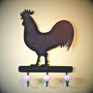 Rooster Apron Coat Rack Silhouette Metal Kitchen Hook 3 Knobs 16x14 - Picture 1 of 3