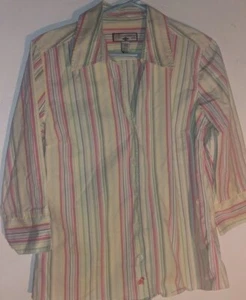 CARIBBEAN JOE szL Womens Hawaiian Shirt striped print 98% linen 2%spandex 3/4slv - Picture 1 of 4