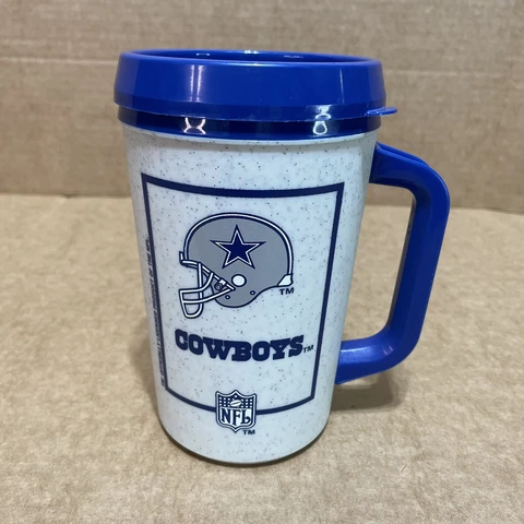 Vintage Dallas Cowboys 7-Eleven Plastic Mug With Lid, Grey/Blue, Handle, Aladdin Cover