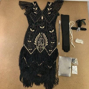 Women's Small Black Gold Sequin Fringe Flapper Dress & Accessory Set 9 Pieces - Picture 1 of 11