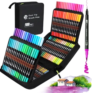 Brush Pen Lettering 100 Colori, Pennarelli Doppia Punta Fine E Grossa Pennello, - Foto 1 di 12
