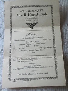 1929 LOWELL KENNEL CLUB BANQUET MENU - Picture 1 of 1