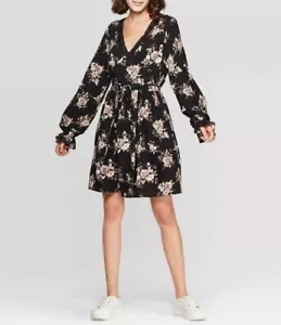 Women's Floral Print Long Sleeve Deep V-Neck Waist Tie Mini Dress - Xhilaration™ - Picture 1 of 2