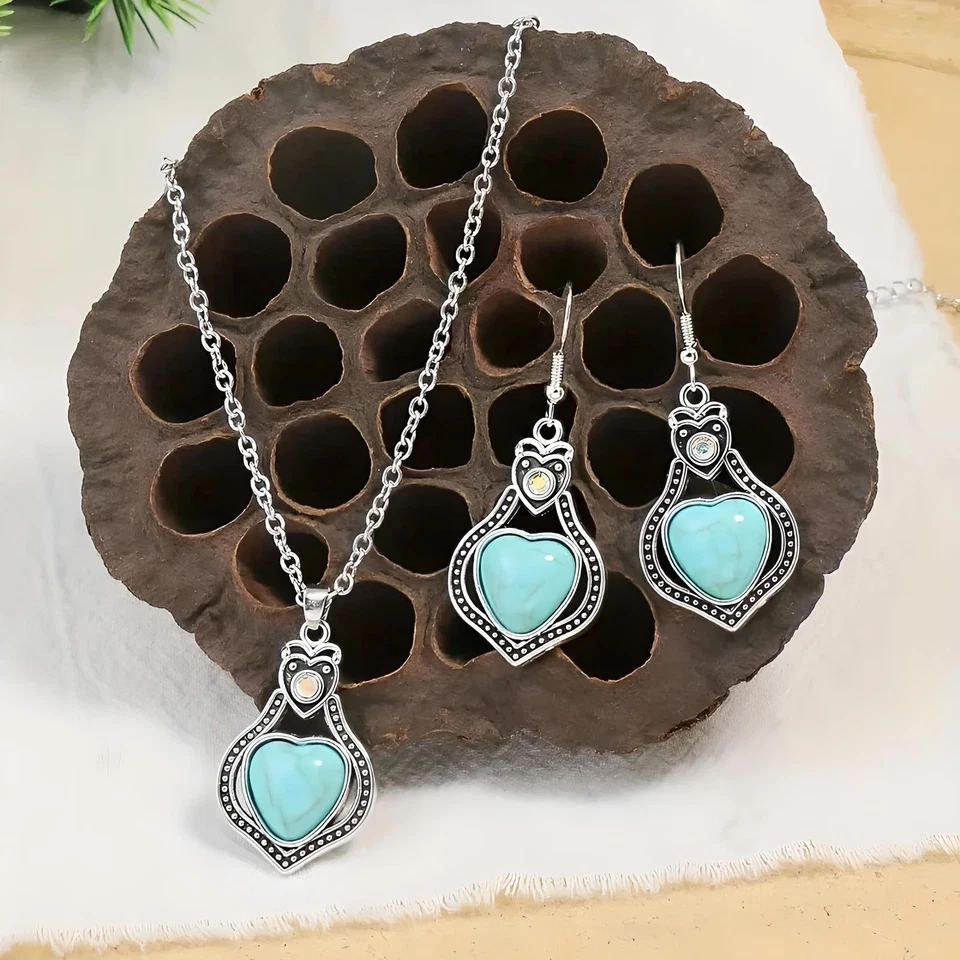 Conjunto de joyería de collar y pendientes de corazón turquesa vintage para dama Foto 1 de 1