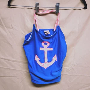 OP Girls Size L Large 10-12 Blue Pink Anchor Print Cross Strap Swim Top Shirt - Picture 1 of 17