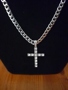 925 Sterling Silver Necklace Stone Cross Pendant Men's Tennis Chain