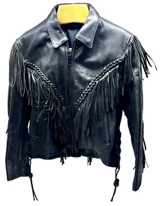 Vintage Women’s Custom Fringe Leather Biker Jacket Zippered Sleeves Lined - Picture 1 of 15