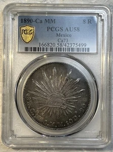 1890 CA MM Argento 8 Reales Messico PCGS Certificato AU 58 Moneta Chihuahua Mint - Foto 1 di 12