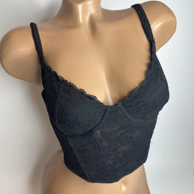 Gilly Hicks Black Lace Corset Tank Top S Boned Sheer Mesh Coquette Goth Romantic - Image 1 of 4