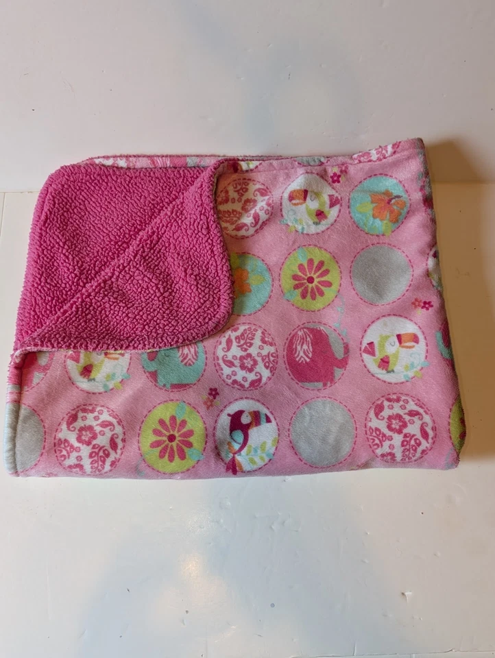 Garanimals Baby Blanket Birds Flower Elephant Circles Pink Sherpa 30"x40"  - Image 1 of 4