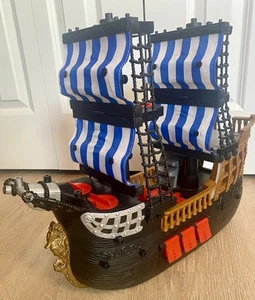 Fisher Price Imaginext Black Pirate Ship Toy w Blue & White Sails 2006 - Picture 1 of 11