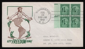 #908 1c Four Freedoms-Block of 4, Cachet Craft H/C **ANY 5=FREE SHIPPING** - Picture 1 of 1
