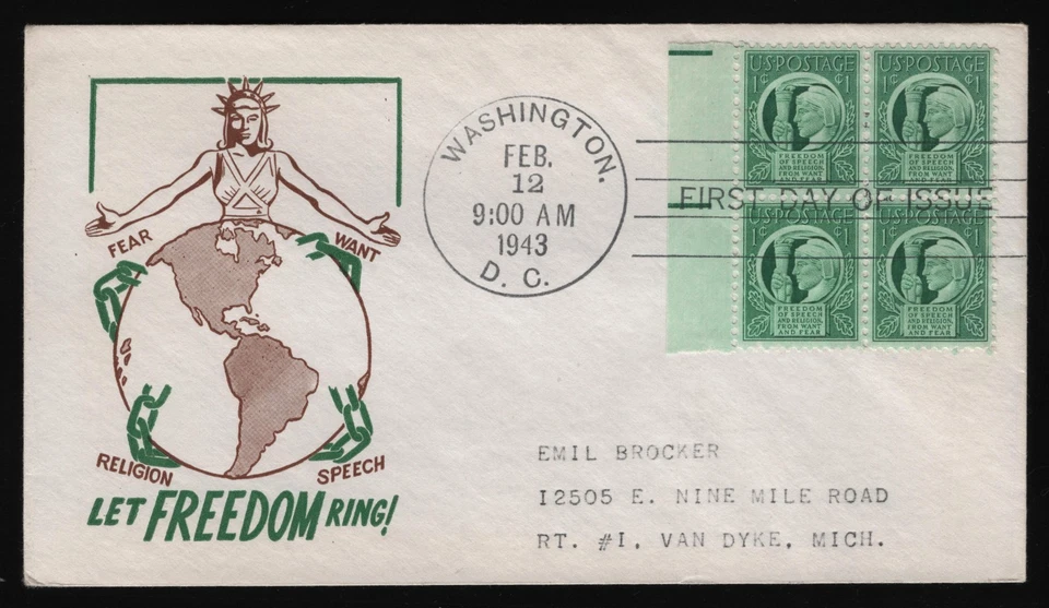 #908 1c Four Freedoms-Block of 4, Cachet Craft H/C **ANY 5=FREE SHIPPING** - Image 1 of 1