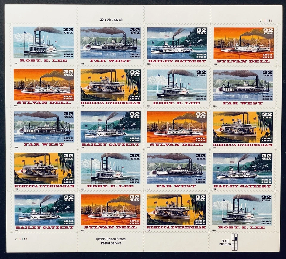 US STEAM SHIPS SELF ADHESIVE STAMPS SHEET OF 20 MNH 1996 RIVER BOAT 3091-3095 - Image 1 of 1