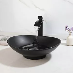 Rubinetto a cascata in resina pietra lavandino bagno ovale nero set rubinetto scarico - Foto 1 di 7