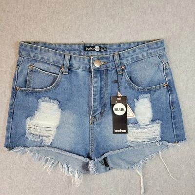 Pantalones Cortos Boohoo Para Mujer 6 Azul Denim Mandy Envejecido Tiro Medio Dobladillo Freyed Hotpants Foto 1 de 4