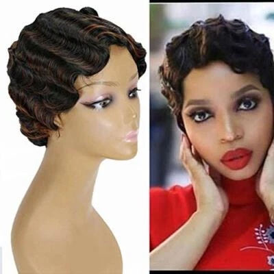 Finger Wave Short Black Brown Highlight Human Hair Wig Fashion Cosplay Party Wig - Image 1 of 4