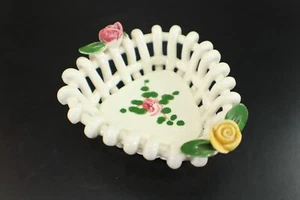 Trinket Dish BASKET WEAVE Triangle Applied Rosed Hand Painted Porcelain Italy - Picture 1 of 8