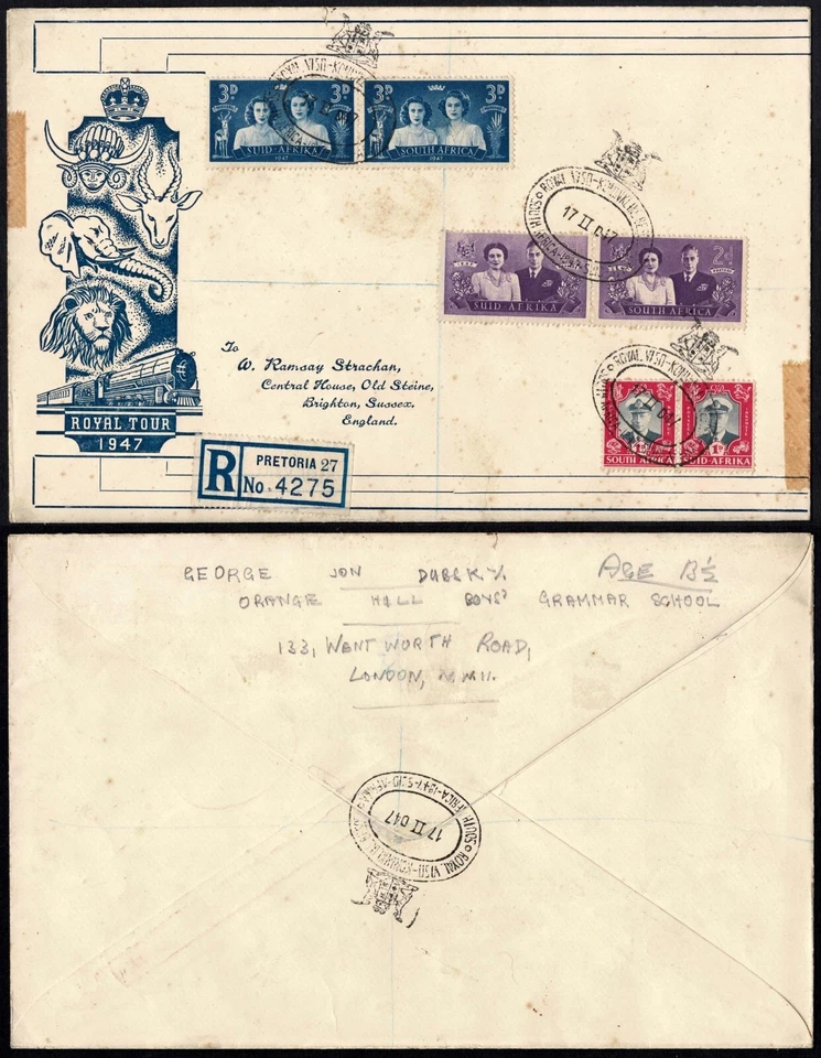 1947 Sudáfrica Royal Tour Cubierta, Juego Completo, Registrado, Pretoria al Reino Unido Foto 1 de 3