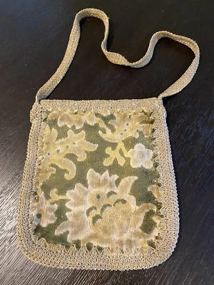 Vintage Crocheted and Tapestry Shoulder Purse, Lined, 1970's, Green Cream - Image 1 of 4