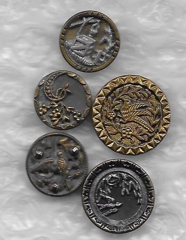 5 Antique Picture Buttons BIRDS, WISHING WELL, Victorian = brass metal Cover