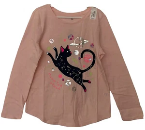 So Girls Pink Top Long Sleeve Metallic Space And Black Cat Graphic Size 6/6X - Picture 1 of 11