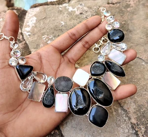 Collar Joyería Hecho a Mano Cabujón Madreperla Druzy Ónix Negro Natural 18" - Imagen 1 de 21
