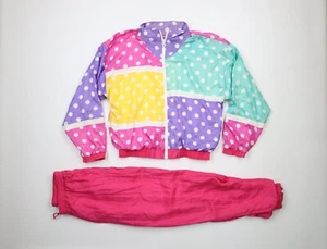 Vtg 90s Streetwear Womens M Rainbow Polka Dot 2 Piece Track Suit Jacket Joggers - Picture 1 of 16