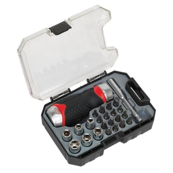 Sealey Premier 24pc Fine Tooth Stubby Ratchet Screwdriver Socket & Bit Set - Image 1 of 3