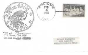 USS HAWKBILL SSN-666 ESCUDO DE BARCO CO FIRMADO 04 DE FEBRERO 1971 MARE ISLAND CA CACHÉT - Imagen 1 de 1