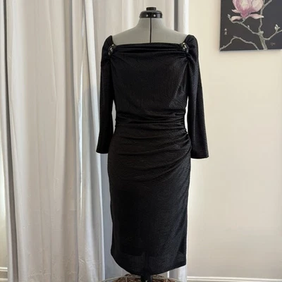 David Meister Black Ruched Beaded Cocktail Dress Long Sleeve Size 10 - Image 1 of 4