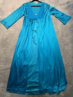 Conjunto de camisón y bata Peignoir vintage años 70 GILEAD verde azulado M vestido negligee de encaje azul Foto 1 de 4