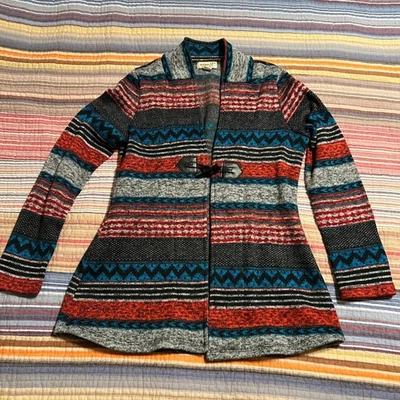 One World Southwestern Aztec Print Open Front Cardigan Toggle Closure Red Blue - Image 1 of 4